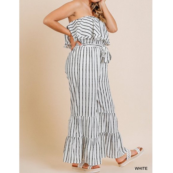 Striped Boho Ruffle Strapless Wide Leg Jumpsuit - Picture 4 of 6